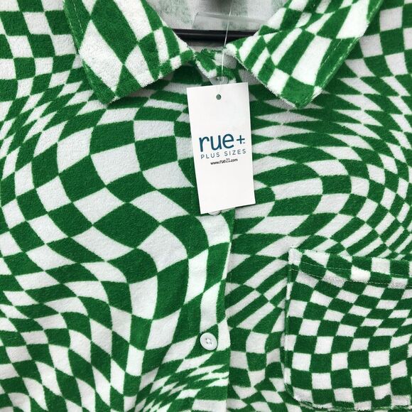 New Green White Checkered Short Sleeve Button Up Shirt Size 3X Women Rue 21 - Picture 2 of 12